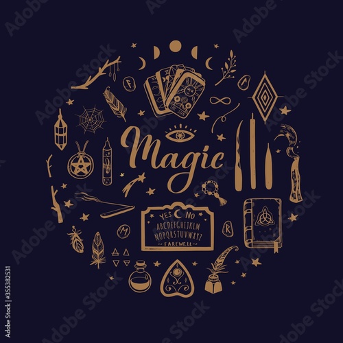 Witchcraft, magic background for witches and wizards. Wicca and pagan tradition. Vector vintage collection. Hand drawn elements: candles, book of shadows, potion, tarot cards etc.