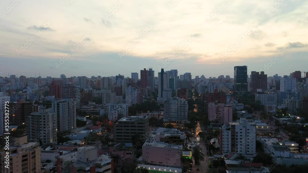 Rising aerial view of skyline in Barranquilla, Colombia right after sunset Rising aerial view of skyline in Barranquilla, Colombia right after sunset