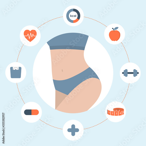 Slim woman body surrounding with health icons. Healthy lifestyle, weight loss and nutrition diet consultation concept. Flat vector illustration.