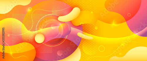 Abstract yellow background design made of wavy shapes and circles. Vector illustration.