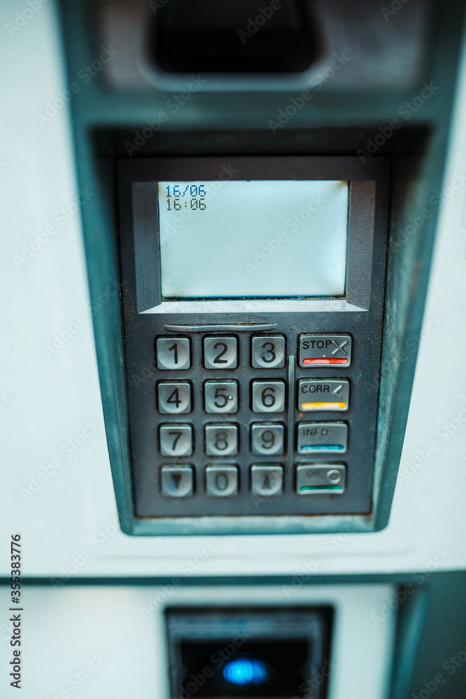 Close up of Self service parking pay station Close up of Self service parking pay station