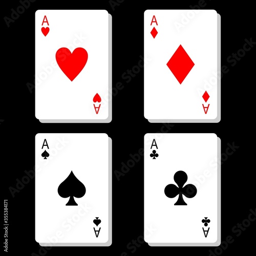 Set of four aces playing cards suits. Winning poker hand. Set of hearts, spades, clubs and diamonds ace.