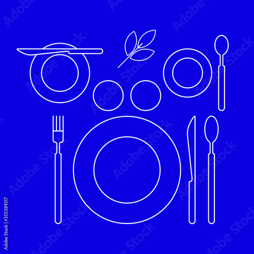Breakfast table, top view. Serving of table with plates, cutlery, cup and glasses. Vector illustration