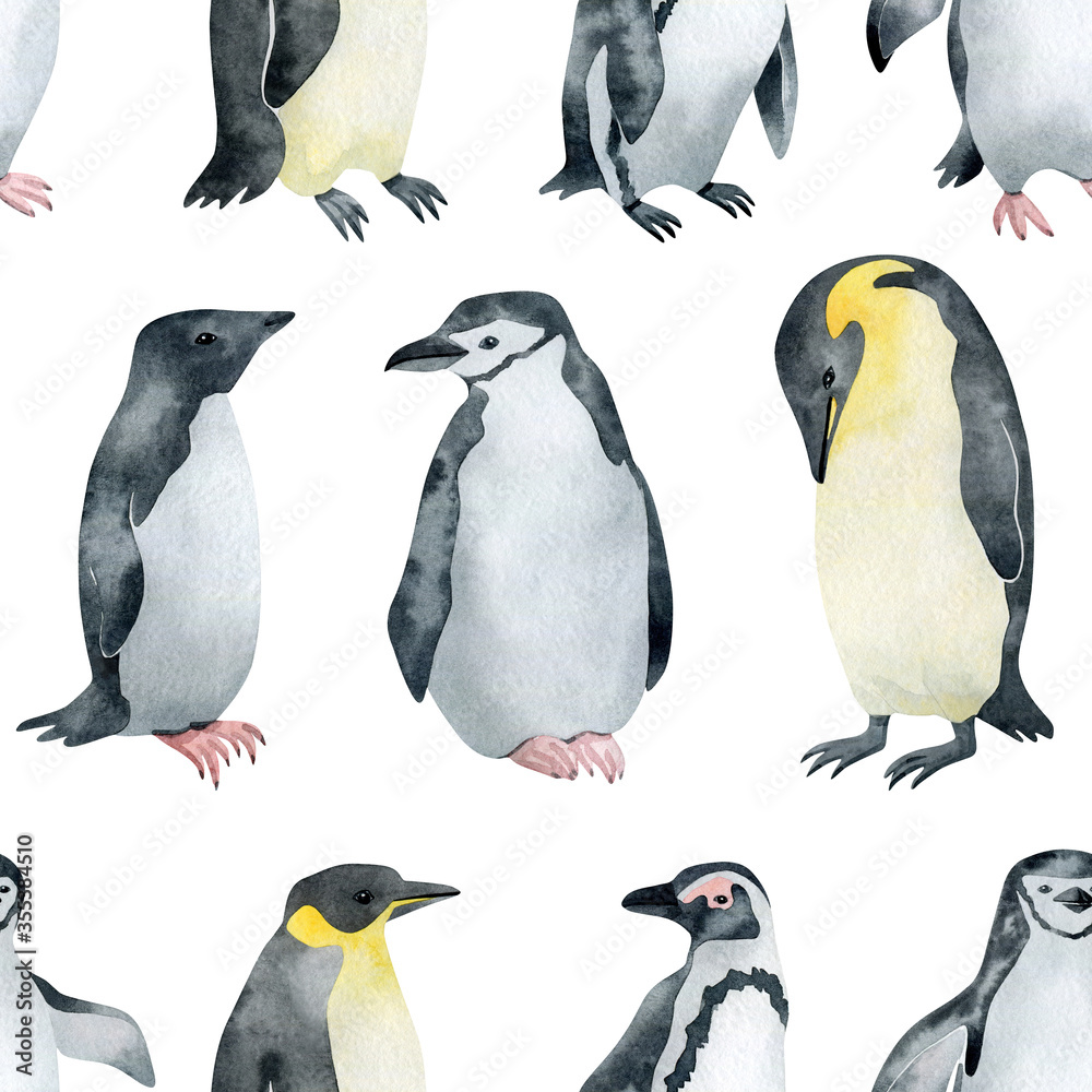 Fototapeta premium Watercolor seamless pattern with penguins. Emperor, Chinstrap, African, Adelie penguin. Wild northern Antarctic animals. Cute grey bird for baby textile, wallpaper, nursery decoration