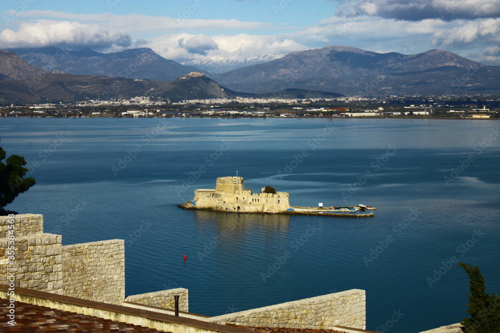 The venetian fortress of Bourtzi in the bay of Nafplio , Greece
