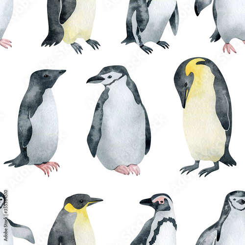 Watercolor seamless pattern with penguins. Emperor, Chinstrap, African, Adelie penguin. Wild northern Antarctic animals. Cute grey bird for baby textile, wallpaper, nursery decoration
