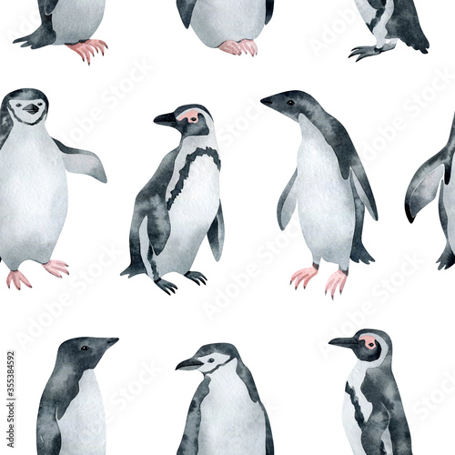 Watercolor seamless pattern with penguins. Chinstrap, African, Adelie penguin. Wild northern Antarctic animals. Cute grey bird for baby textile, wallpaper, nursery decoration