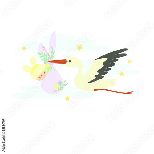 A stork delivers a newborn baby wearing a hat with funny ears. Clouds and stars are in the background.