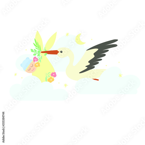 A stork flies among the clouds and carries a newborn in a diaper