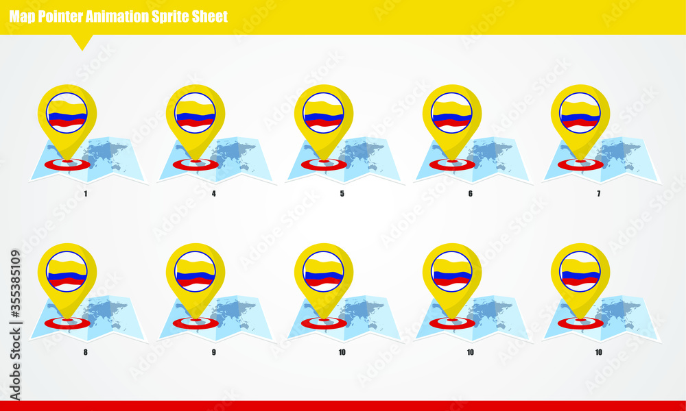 Colombia Map marker with animated flag Sprite Sheet. Smooth waving