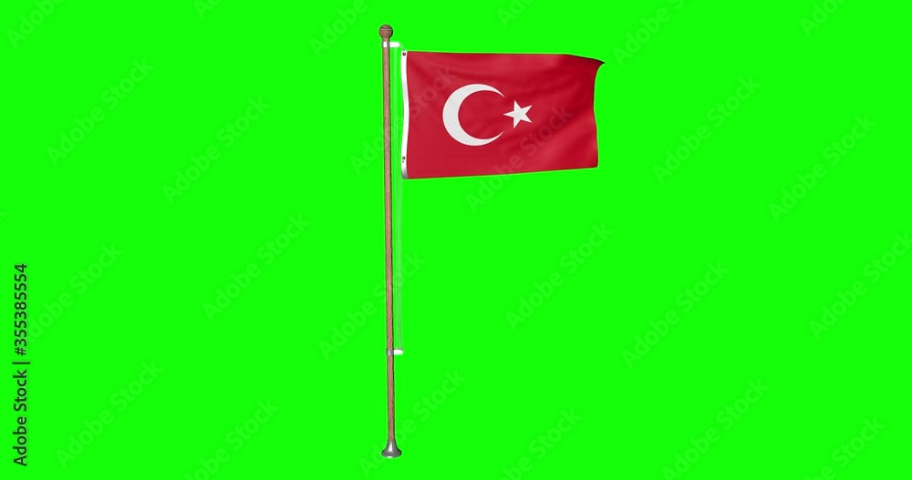 Green screen hiper realistic loop flag of Turkey with flagpole waving in the wind turkish flag fluttering animation 3d 4k