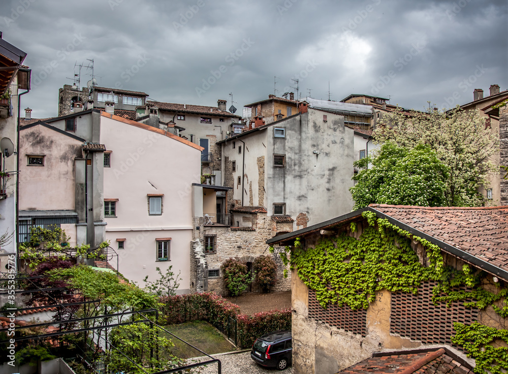 View from the window to the courtyard in the Upper city. Bergamo, Lombardy, Italy