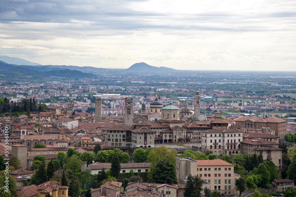 Beautiful view of Bergamo (Upper city) from the San Vigilio Park. Bergamo, Lombardy, Italy