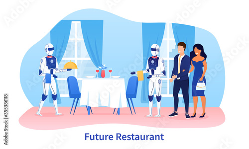 Robot waiter concept. Robots androids serve a table in a restaurant. Cyborg Technologies in the field of service. Catering Robot assistant. Couple in the restaurant is served by robots. Flat Vector