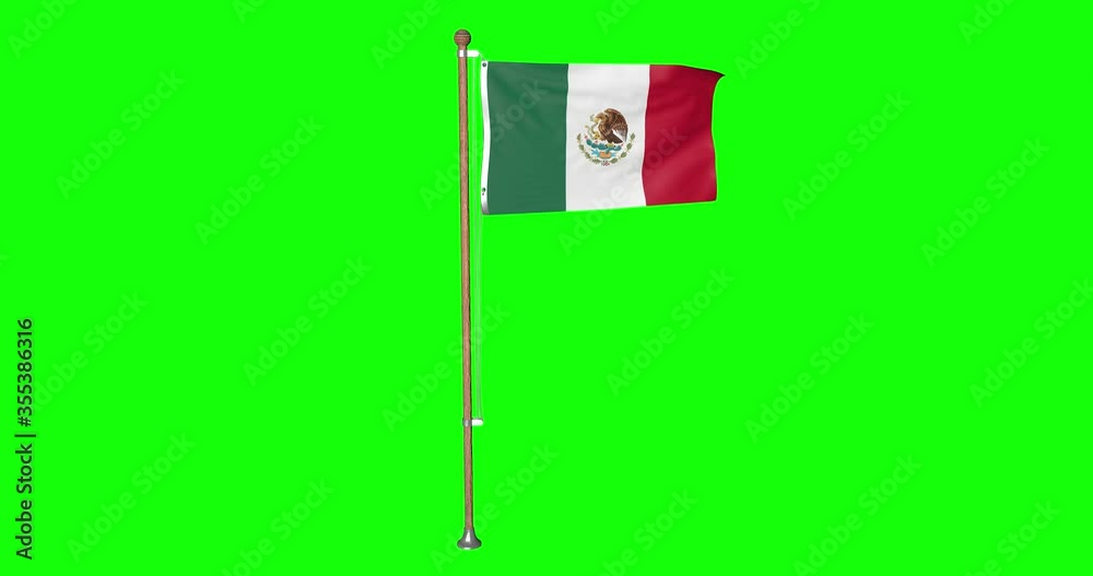 Green screen hiper realistic loop flag of Mexico with flagpole waving in the wind mexican flag fluttering animation 3d 4k