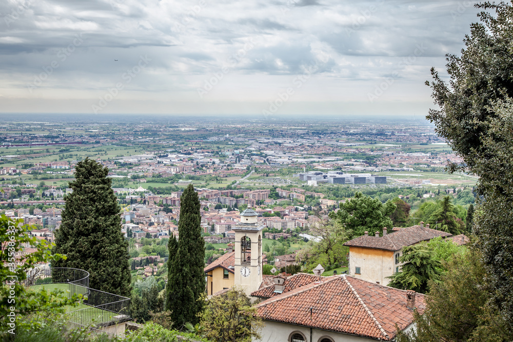Beautiful view of Bergamo (Upper city) from the San Vigilio Park. Bergamo, Lombardy, Italy
