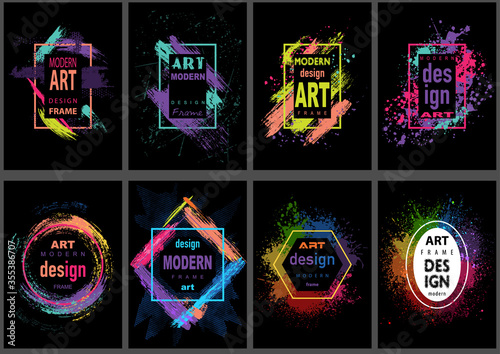 Set of Eight Modern Vector Art Graphics Frames - Artistic Colorful Illustrations in Neon Colors on Black Background
