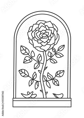 Coloring book with flowers for adults and children. A graceful rose in a glass flask with falling leaves. Line art in vector coloring book.Still life with flowers
