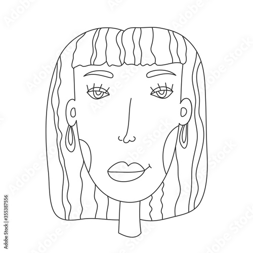 Coloring book for adults and children. Face of a funny fashionista girl with earrings. Funny pattern in black lines for coloring. Line art in vector coloring book.