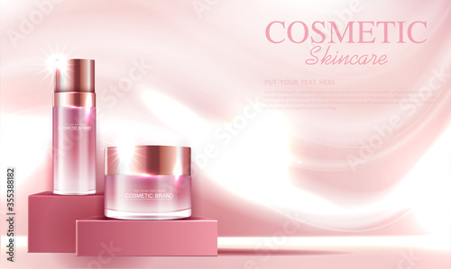 Hydrating facial rose cream for annual sale or festival sale. red silver cream mask bottle isolated on glitter particles background for product presentation. Graceful cosmetic ads, Vector illustration