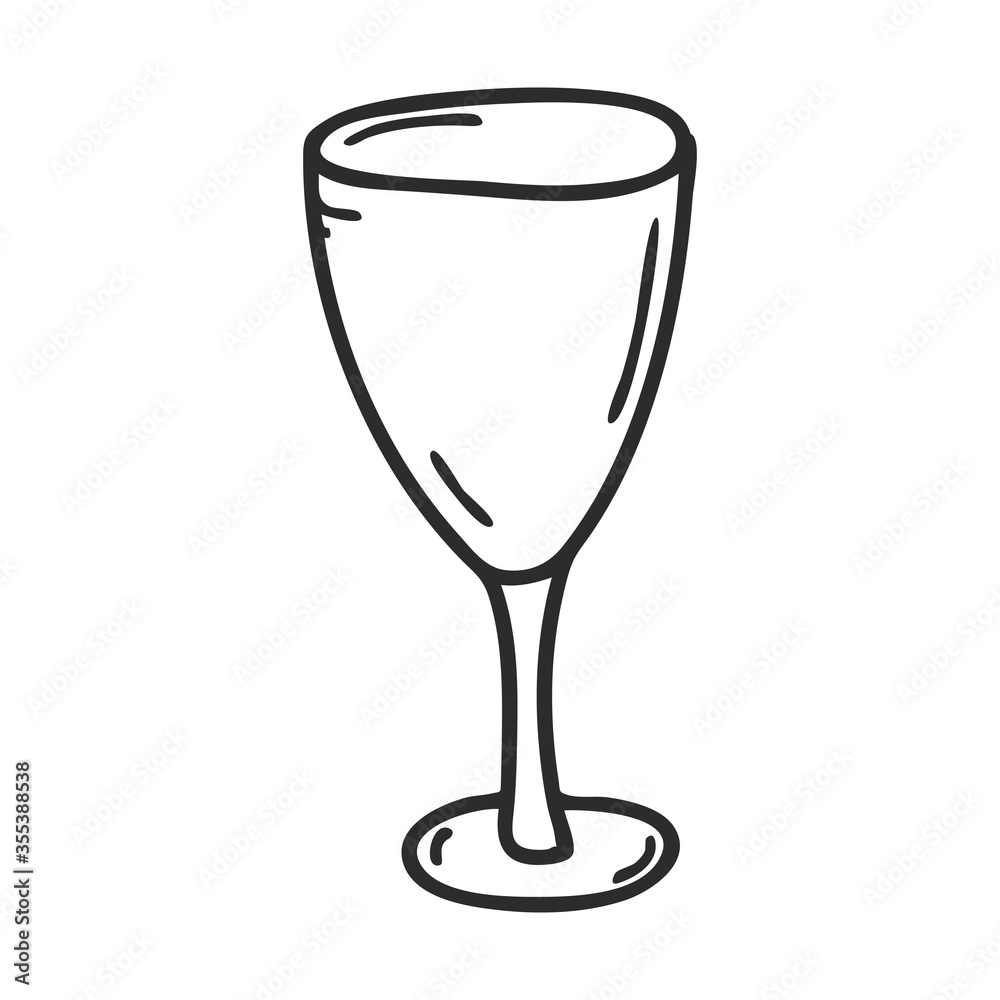 Obraz premium An empty wine glass. Doodle style. Kitchen utensils. Design element for decorating menu, recipes, and food packaging. Hand drawn and isolated on white. Black-white vector illustration