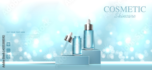 Hydrating facial cream for annual sale or festival sale. silver and blue cream mask bottle isolated on glitter particles background for product presentation. Graceful cosmetic ads, Vector illustration