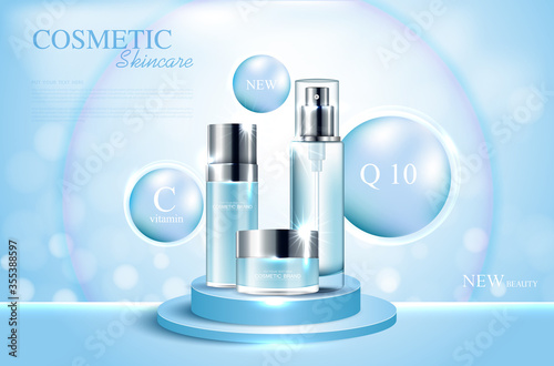 Hydrating facial cream for annual sale or festival sale. silver and blue cream mask bottle isolated on glitter particles background for product presentation. Graceful cosmetic ads, Vector illustration