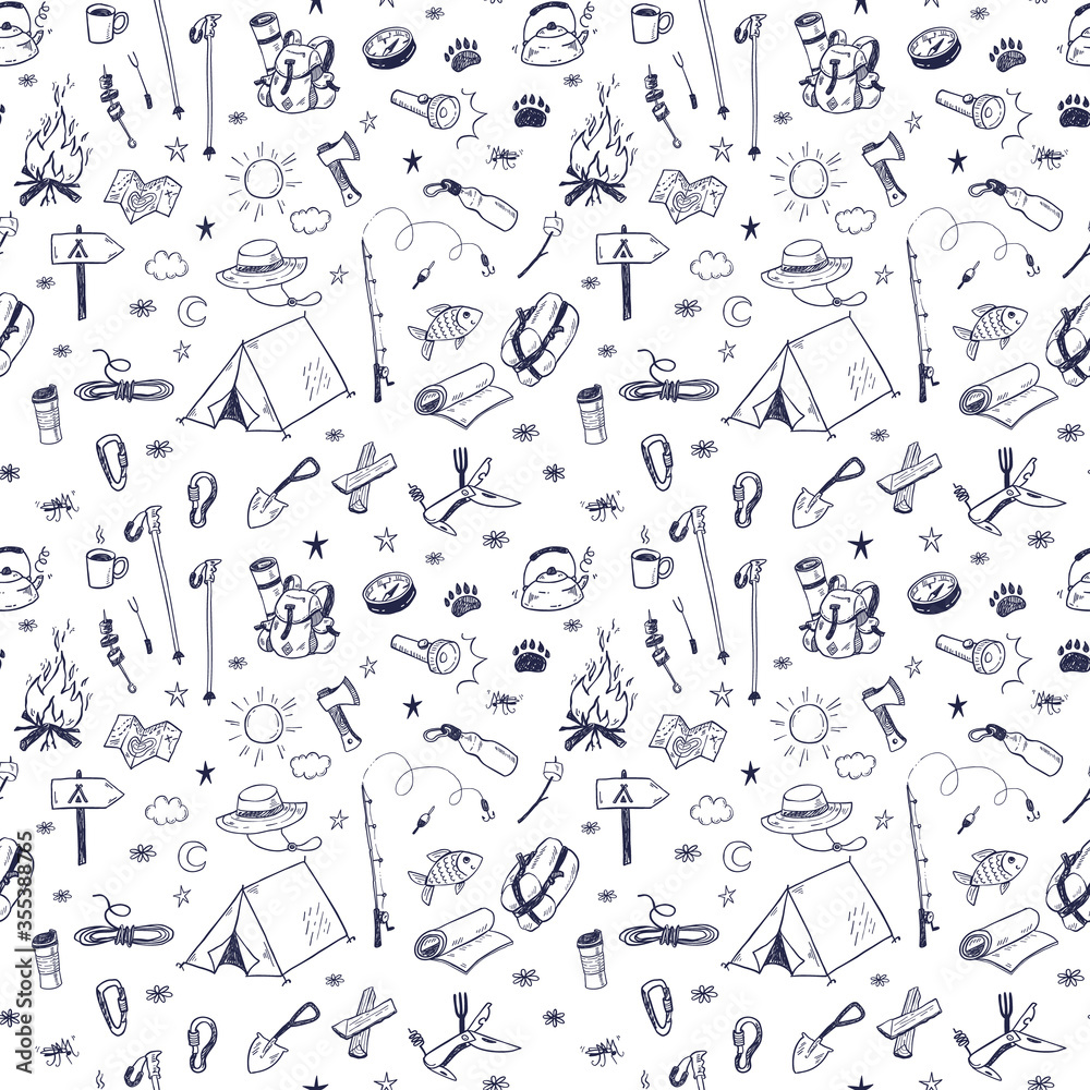 Hand drawn doodle camping vector elements seamless pattern with bonfire, adventure, hiking and touristic equipment