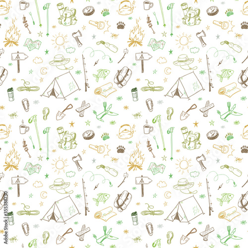 Hand drawn doodle camping vector elements seamless pattern with bonfire, adventure, hiking and touristic equipment