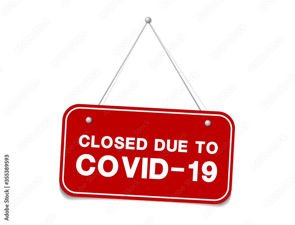 Hanging sign about coronavirus and close-up on a red closed sign of a shop displaying the message Hanging sign about coronavirus and close-up on a red closed sign of a shop displaying the message