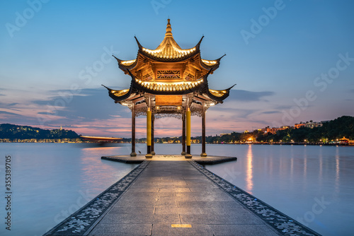 Jixian Pavilion and sunset in West Lake of Hangzhou