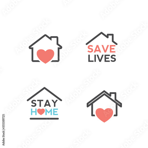 Stay at home quarantine and warning, stop coronavirus COVID-19 spreading. safe lettering typography poster with text logo, ash tag or hashtag. Virus vector illustration