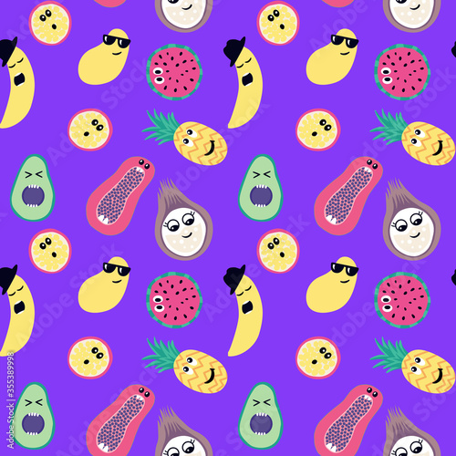 Colorful pattern with funny tropical fruits. Banana, passion fruit pineapple, watermelon, papaya, mango, coconut.