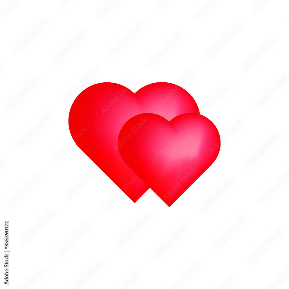Two volumetric red hearts on a white background. A pair of hearts, love icon. Vector illustration, eps 10.