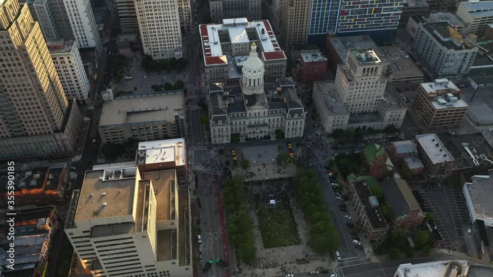 Aerial View of Black Lives Matter Protesters in Front of Baltimore Maryland USA City Hall, Following the killing by Aerial View of Black Lives Matter Protesters in Front of Baltimore Maryland USA City Hall, Following the killing by