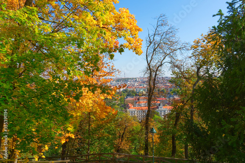 View of Prague through the branches of autumn trees.