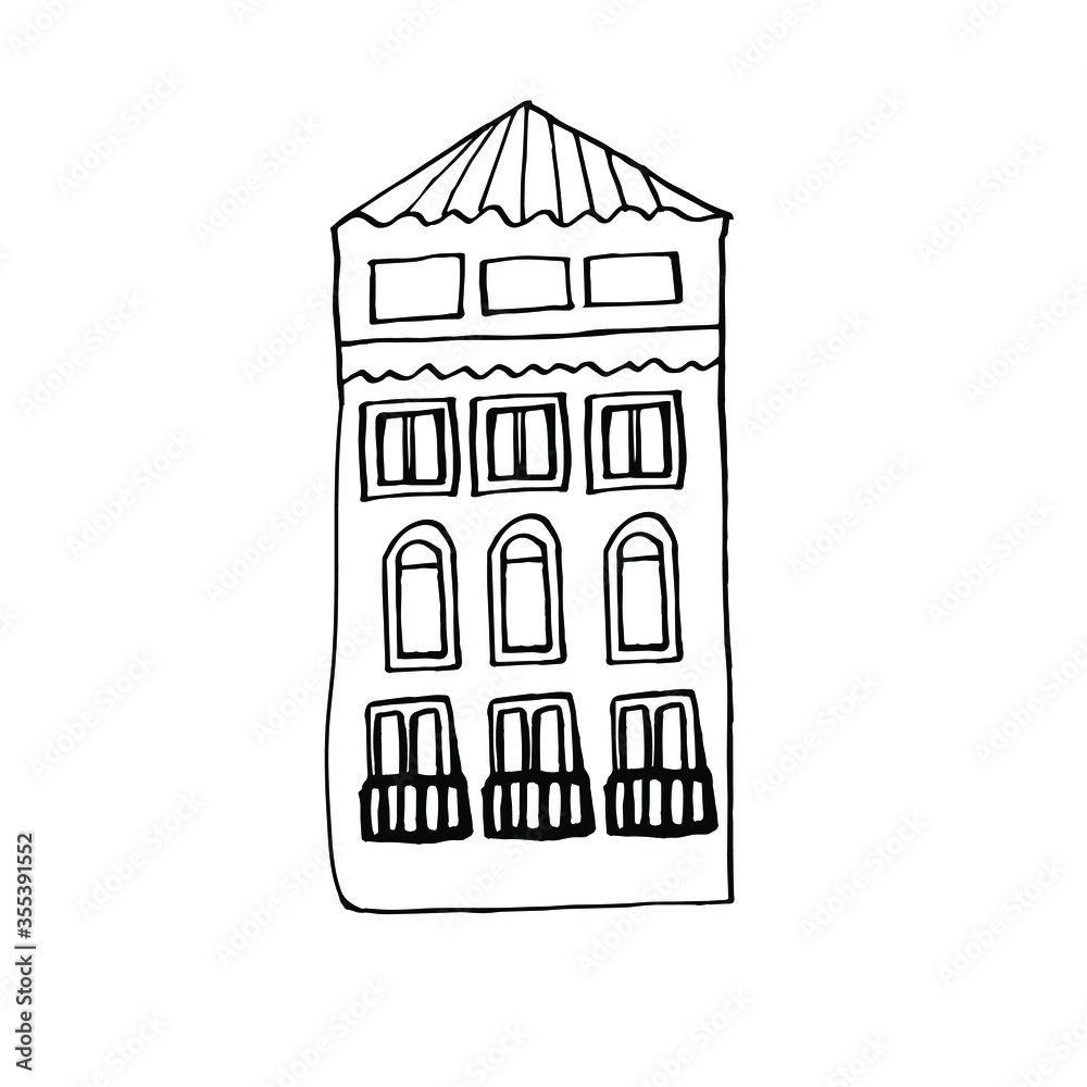 Vector illustration of A Venetian house Isolated on a white background. For a design element.Doodle style. Coloring page for children and adults.