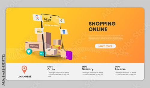 Online Shopping templates with phone service for food and package online shopping delivery service with motorcycle. 3d vector illustration.