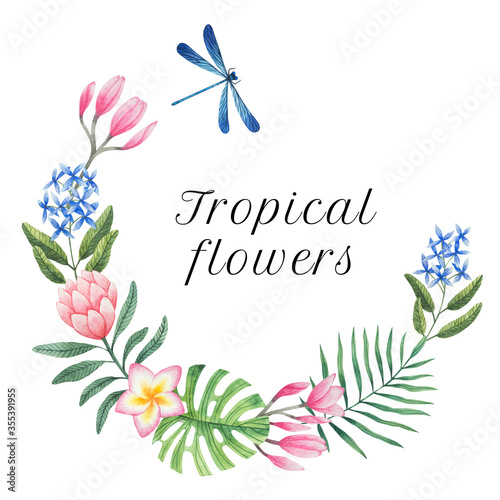 Wreath of watercolor tropical flowers and leaves. Ideal for greeting cards, wedding decoration and posters.