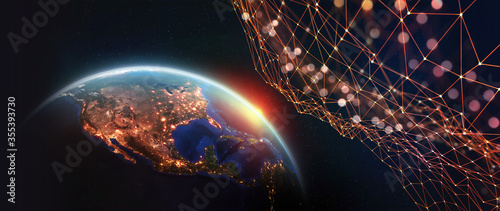 Fototapeta Naklejka Na Ścianę i Meble -  Global network in orbit of planet earth. View from space at night city and sunrise. 3D illustration. Elements of this image are furnished by NASA