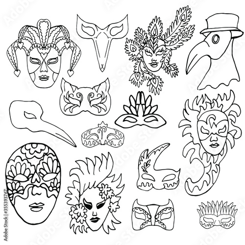 Set of hand-drawn doodle face masks. Cat masks, a Plague Doctor, of harlequin. Festival Mardi Gras, masquerade. Isolated on white background. For coloring book for adult or element for design. 