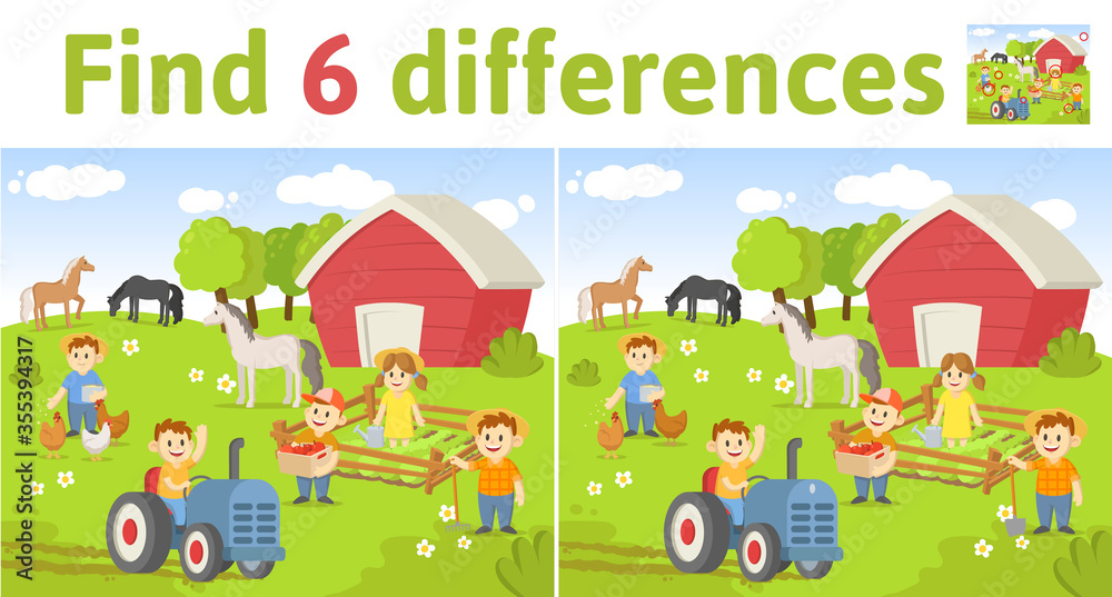Find the differences in two colored pictures. Children riddle game with farm scene and characters. English language education sheet. Colorful flat vector illustration. Find the differences in two colored pictures. Children riddle game with farm scene and characters. English language education sheet. Colorful flat vector illustration.