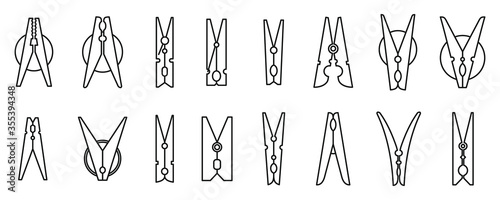 Laundry clothes pins icons set. Outline set of laundry clothes pins vector icons for web design isolated on white background
