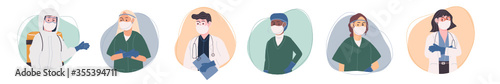 Flat style vector illustration collection of professional doctor and nurse team. Medical staff in uniform and hazmet suit standing. Heroes fighting the corona covid-19 virus. photo