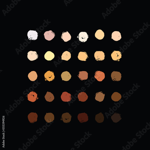 Skin tone color palette swatches. Color palette from dark to light human skin hair color tones set. Concept person face, body complexion graphic element for cosmetics. Vector illustration.