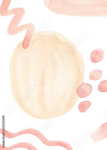 Watercolor pattern of abstract aesthetic forms, brush strokes. Elements of hand painted pastel colors, natural forms isolated on white. Perfect for cards and wedding invitations