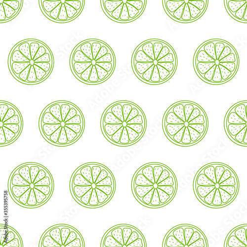 Seamless pattern with sliced pieces of citrus fruit. The simple backdrop of tropical lime. Stock vector illustration. Ideas for modern creative designs of backgrounds, cards, print, packing, textile