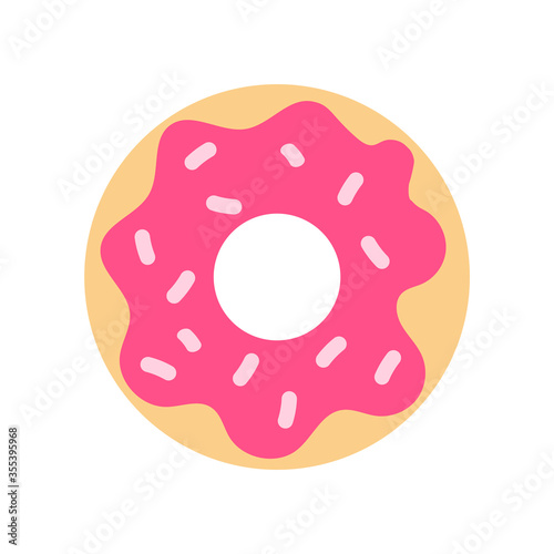 Round donut with pink icing and delicious flat-style topping. Vector sticker with delicious round sweetness for sweets. Logo for candy store, confectionery, donuts