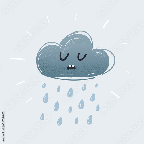 Cute cartoon vector icon of raining cloud with sad face.