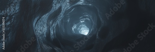 Fototapeta Naklejka Na Ścianę i Meble -  Sci-fi Dark Caves Underground tunnel atmosphere and dust Scary panorama animation 3d rendering